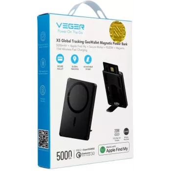 Veger GeoWallet Tracker X5 5000 mAh 20W PD QC 3.0 MFi MagSafe USB-C Power Bank - Melns