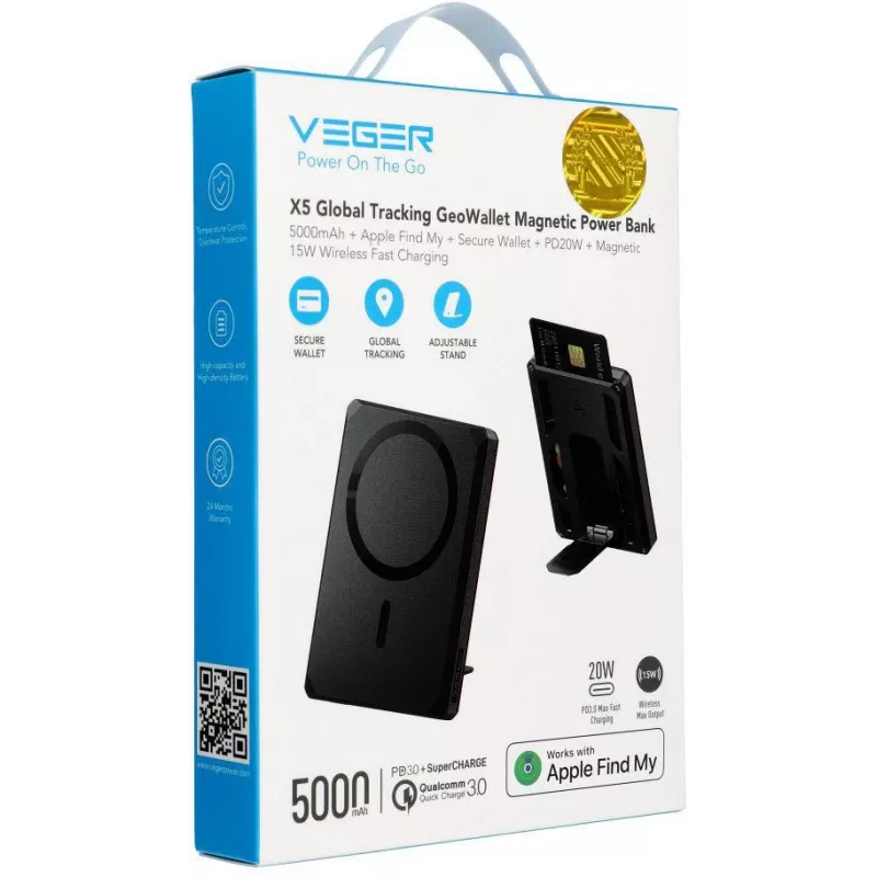 Veger GeoWallet Tracker X5 5000 mAh 20W PD QC 3.0 MFi MagSafe USB-C Power Bank - Melns