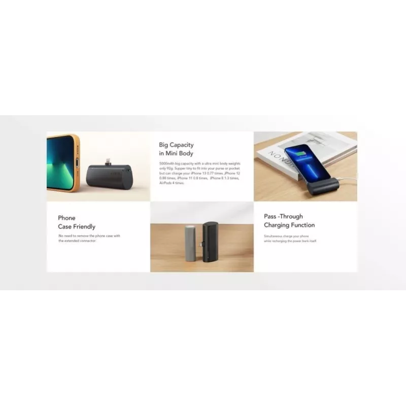 VEGER PlugOn Power Bank 5000 mAh 20W PD QC3.0 ar iebūvētu Lightning savienotāju Melns