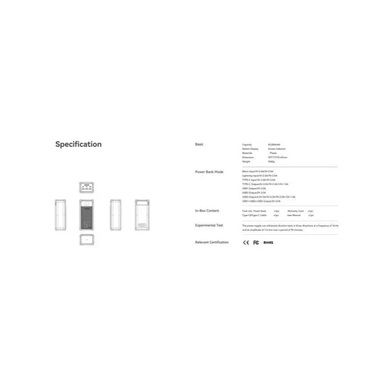Veger Power Bank Tank Lite (W5001) PD QC3.0 5A 22.5W 50000 mAh Melns