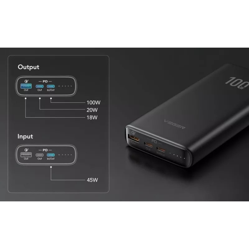 Veger Powerbank T100 (W2032C-100) PD QC3.0 5A 100W 20000 mAh Melns