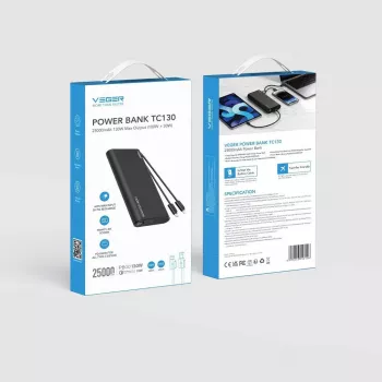VEGER TCE130 130W PD Power Bank 25000mAh ar iebūvētiem USB-C un Lightning kabeļiem, melns