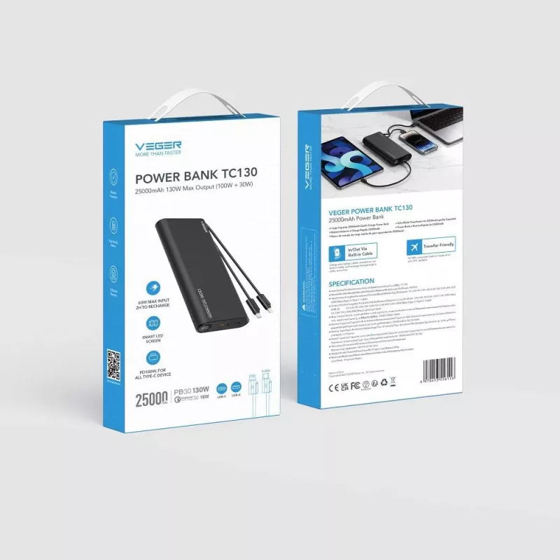 VEGER TCE130 130W PD Power Bank 25000mAh ar iebūvētiem USB-C un Lightning kabeļiem, melns