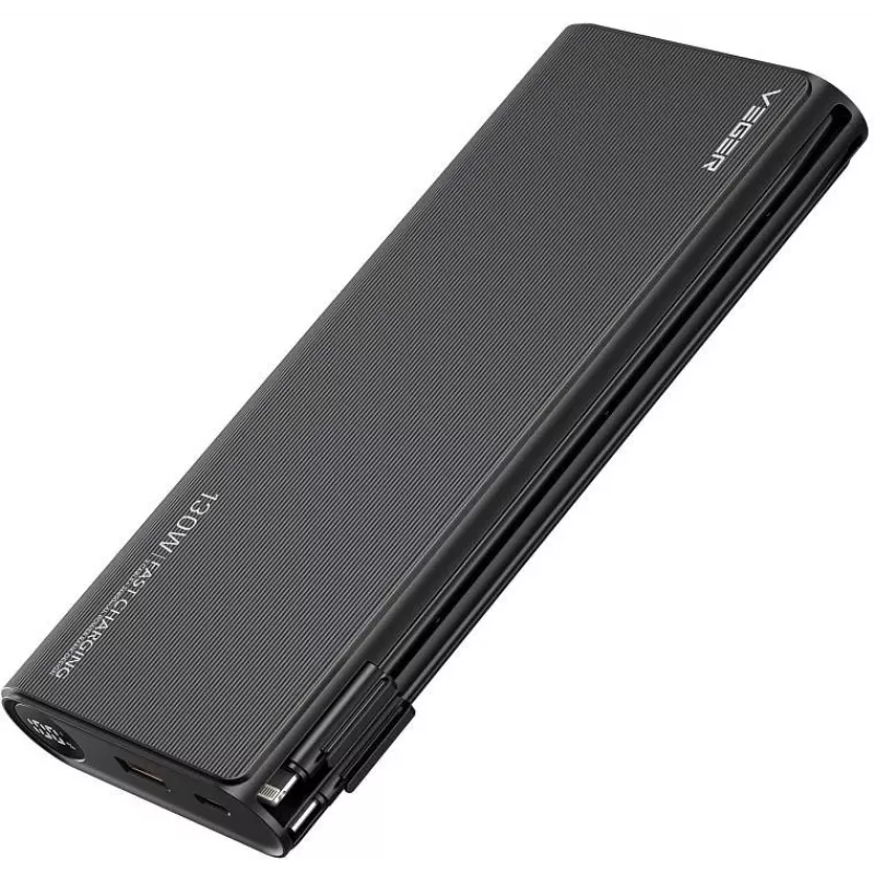 VEGER TCE130 130W PD Power Bank 25000mAh ar iebūvētiem USB-C un Lightning kabeļiem, melns