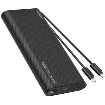 VEGER TCE130 130W PD Power Bank 25000mAh ar iebūvētiem USB-C un Lightning kabeļiem, melns