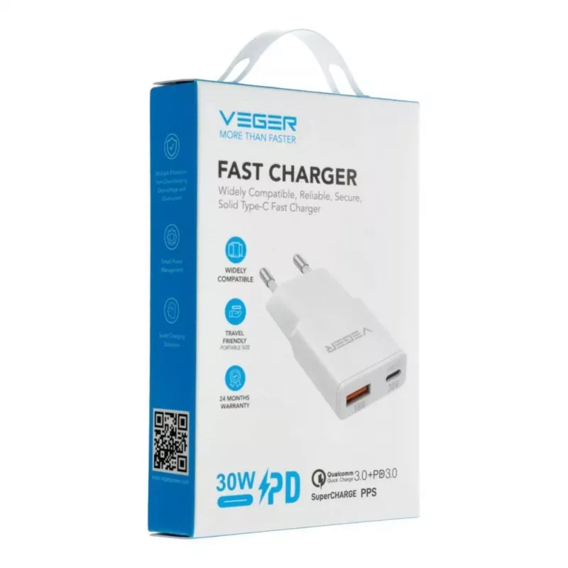 VEGER USB-A + USB-C QC PD 30W sienas lādētājs 30W1A1C Balts