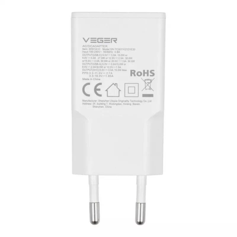 VEGER USB-A + USB-C QC PD 30W sienas lādētājs 30W1A1C Balts