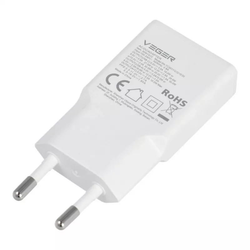 VEGER USB-A + USB-C QC PD 30W sienas lādētājs 30W1A1C Balts