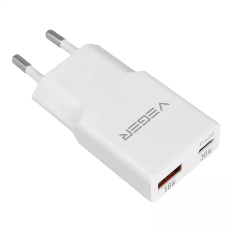 VEGER USB-A + USB-C QC PD 30W sienas lādētājs 30W1A1C Balts