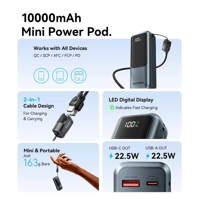 VENTION FKOH0 10000 mAh 22.5 W bezvadu power bank ar USB-C PD & QC - Melns