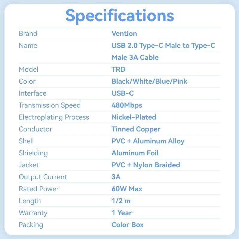 VENTION TRDBF USB-C uz USB-C kabelis 1m Melns