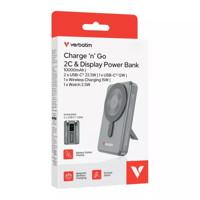 Verbatim Charge'n'Go ārējais akumulators 2C & displejs 10000 mAh pelēks