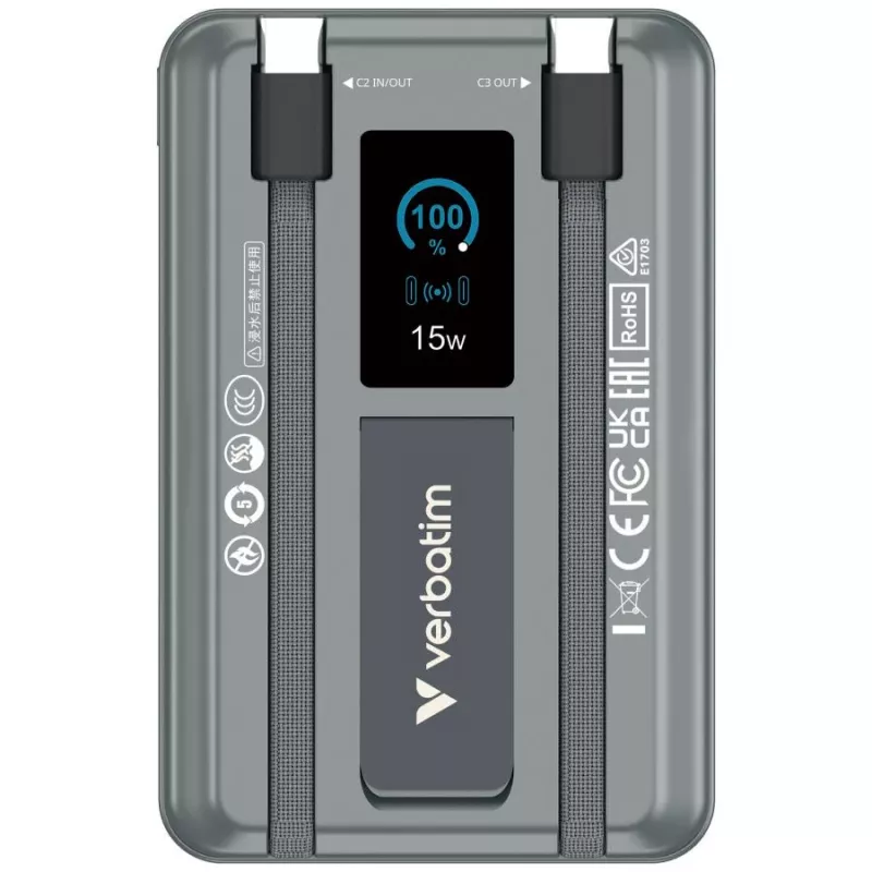 Verbatim Charge'n'Go ārējais akumulators 2C & displejs 10000 mAh pelēks