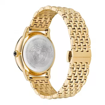 VERSACE V-Circle unisex Šveices kvarca pulkstenis 38mm nerūsējošā tērauda melns ciparnīca ādas siksniņa VE6F00623