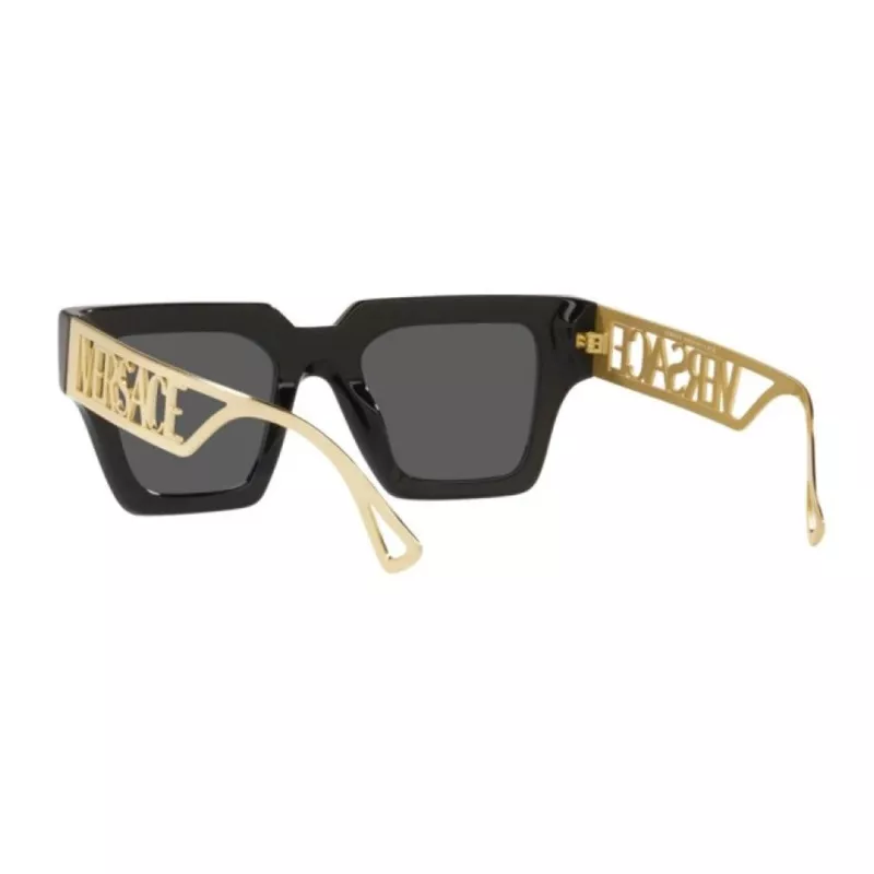 VERSACE VE4431F-GB187 Sieviešu kaķacs formas saulesbrilles - Melns acetāta rāmis, Pelēkas poliamīda lēcas, UV400 aizsardzība, 50/22/145 mm