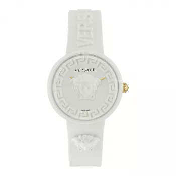 Versace sieviešu VE6G00123 Šveices kvarca 39mm nerūdējošā tērauda pulkstenis ar melnu ādas siksnu un sudraba ciparnīcu