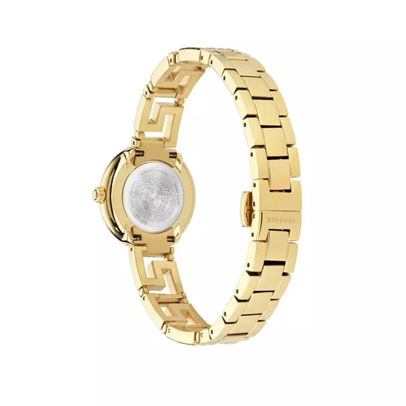 Versace sieviešu VE7A00323 28mm Šveices kvarca pulkstenis ar baltu ciparnīcu un melnu ādas siksnu
