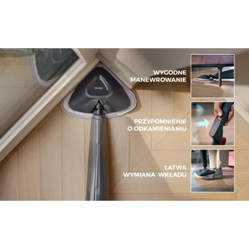 Vileda Steam Plus Pro tvaika mops - 1550W, 400ml tvertne, 2 mikrošķiedras spilventiņi, paklāja slīdnis