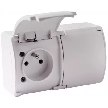 VIPLAST KOALA 162-01 Dubultā virsmas montāžas kontaktligzda ar zemējumu un vāciņu, E tips 16A 250V, IP44 balta