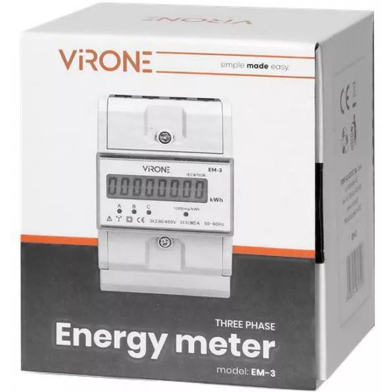 Virone EM-3 trīsfāžu enerģijas skaitītājs, 80A, 3 moduļi, DIN sliede TH-35mm