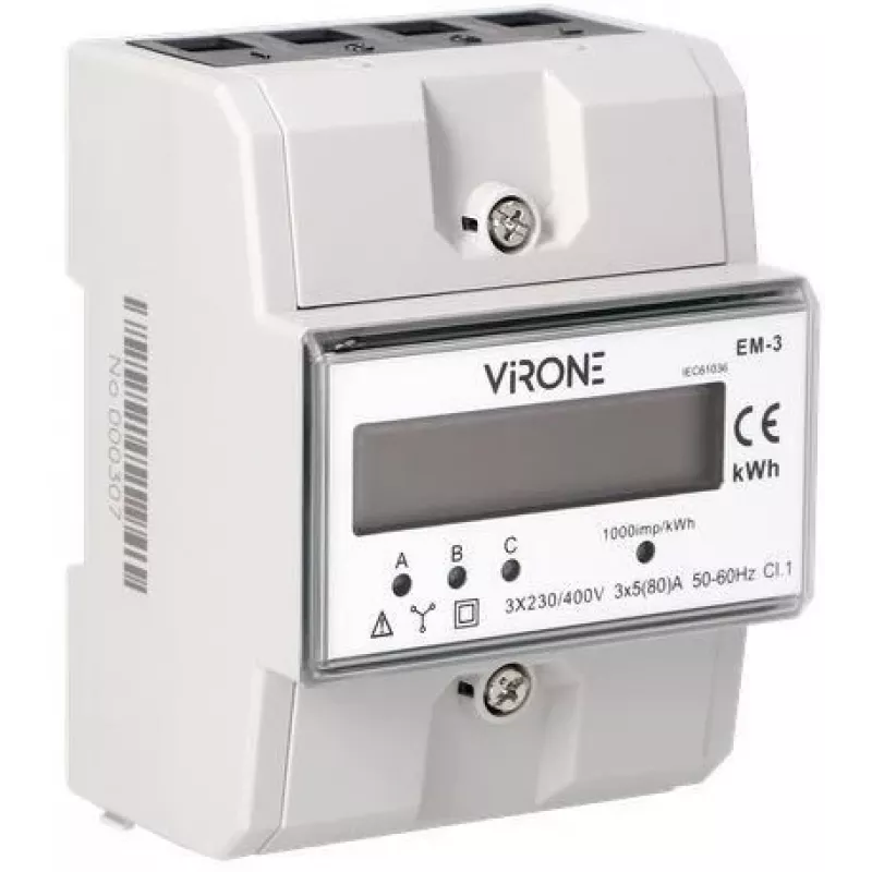 Virone EM-3 trīsfāžu enerģijas skaitītājs, 80A, 3 moduļi, DIN sliede TH-35mm