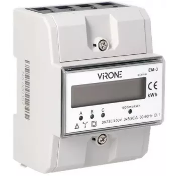 Virone EM-3 trīsfāžu enerģijas skaitītājs, 80A, 3 moduļi, DIN sliede TH-35mm