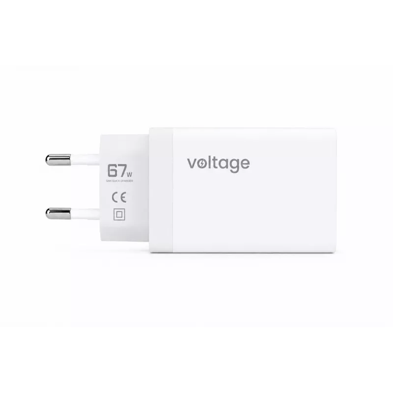 Voltage GaN 67W sienas lādētājs, 2x USB-C un 1x USB-A, PD 3.0, QC 3.0, PPS, ES spraudnis, balts
