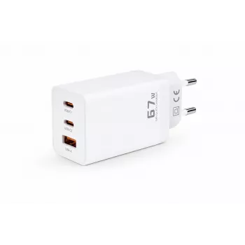 Voltage GaN 67W sienas lādētājs, 2x USB-C un 1x USB-A, PD 3.0, QC 3.0, PPS, ES spraudnis, balts