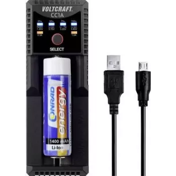 VOLTCRAFT CC1A Universāls apaļo elementu lādētājs NiMH, Li-Ion, LiFePO4, NiCd - 1 ligzda, USB barošana, atbalsta AA, AAA, C, 10440, 14500, 16340