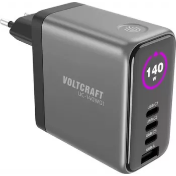 VOLTCRAFT UC-140W01 140W GaN USB-C PD sienas lādētājs ar 3x USB-C un 1x USB-A, melns VC-17776050