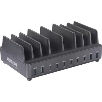 Voltcraft UC-240W01 240W 10 portu USB uzlādes stacija ar 6x USB-C PD un 4x USB-A QC, melna