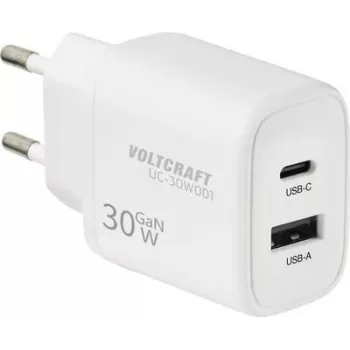 VOLTCRAFT UC-30W001 GaN USB sienas lādētājs 30W, 1x USB-C PD 3.0 + 1x USB-A Quick Charge, balts VC-17942310