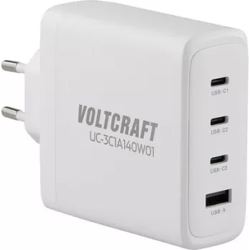 VOLTCRAFT UC-3C1A140W01 GaN USB lādētājs 140W PD 3.1, 3x USB-C, 1x USB-A, balts
