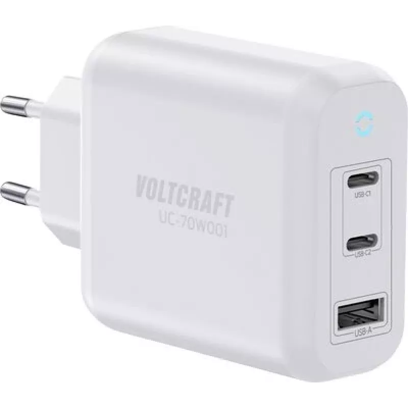 VOLTCRAFT UC-70W001 GaN USB sienas lādētājs 70W 2x USB-C PD 3.2 + 1x USB-A ātrā uzlāde balts VC-18791125