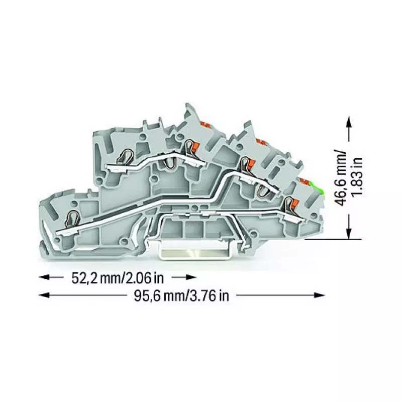 WAGO 2203-7545 trīsvadu instalācijas spaile ar spraudkontakta CAGE CLAMP, L/L/PE, pelēka/zaļi-dzeltena