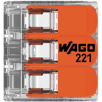WAGO 221-413 COMPACT savienošanas spaile, 3 vadu, 0,2–4 mm², caurspīdīga, 50 gab. iepakojums