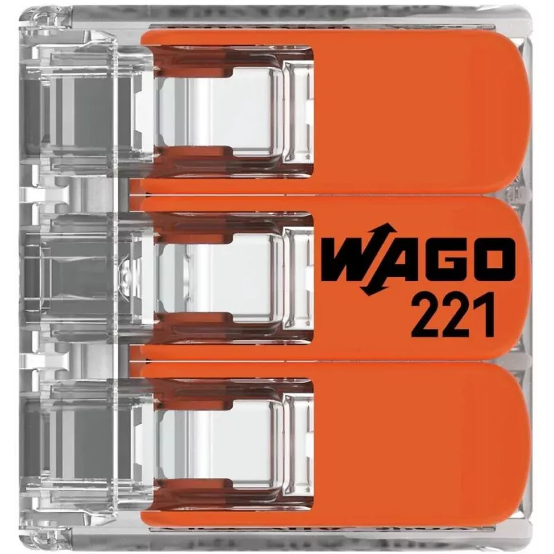 WAGO 221-413 COMPACT savienošanas spaile, 3 vadu, 0,2–4 mm², caurspīdīga, 50 gab. iepakojums