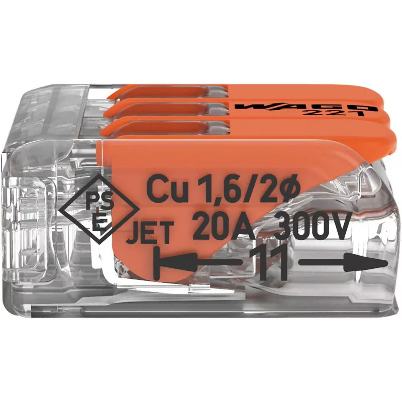 WAGO 221-413 COMPACT savienošanas spaile, 3 vadu, 0,2–4 mm², caurspīdīga, 50 gab. iepakojums