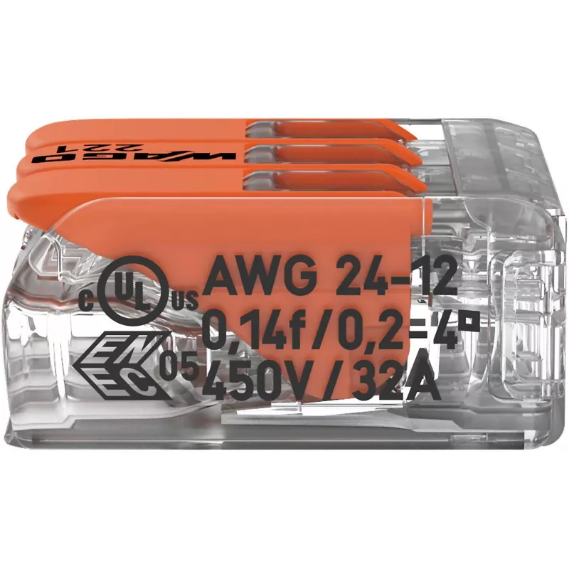 WAGO 221-413 COMPACT savienošanas spaile, 3 vadu, 0,2–4 mm², caurspīdīga, 50 gab. iepakojums