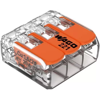 WAGO 221-413 COMPACT savienošanas spaile, 3 vadu, 0,2–4 mm², caurspīdīga, 50 gab. iepakojums