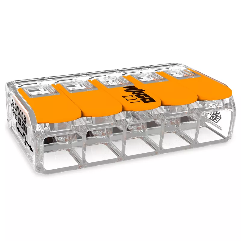 WAGO 221-615 5 vadu sviras savienotājs, kompakts savienošanas savienotājs, 450 V, 32 A, caurspīdīgs/oranžs