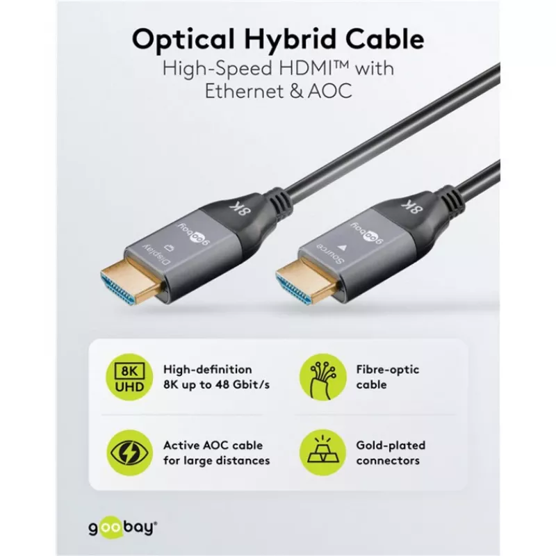 WENTRONIC Goobay 76276 Aktīvais optiskais HDMI kabelis AOC 8K - 10 m, HDMI 2.1, 48 Gbps, 8K@60Hz, 4K@120Hz, Dynamic HDR, eARC, VRR, ALLM, HDCP 2.3, melns