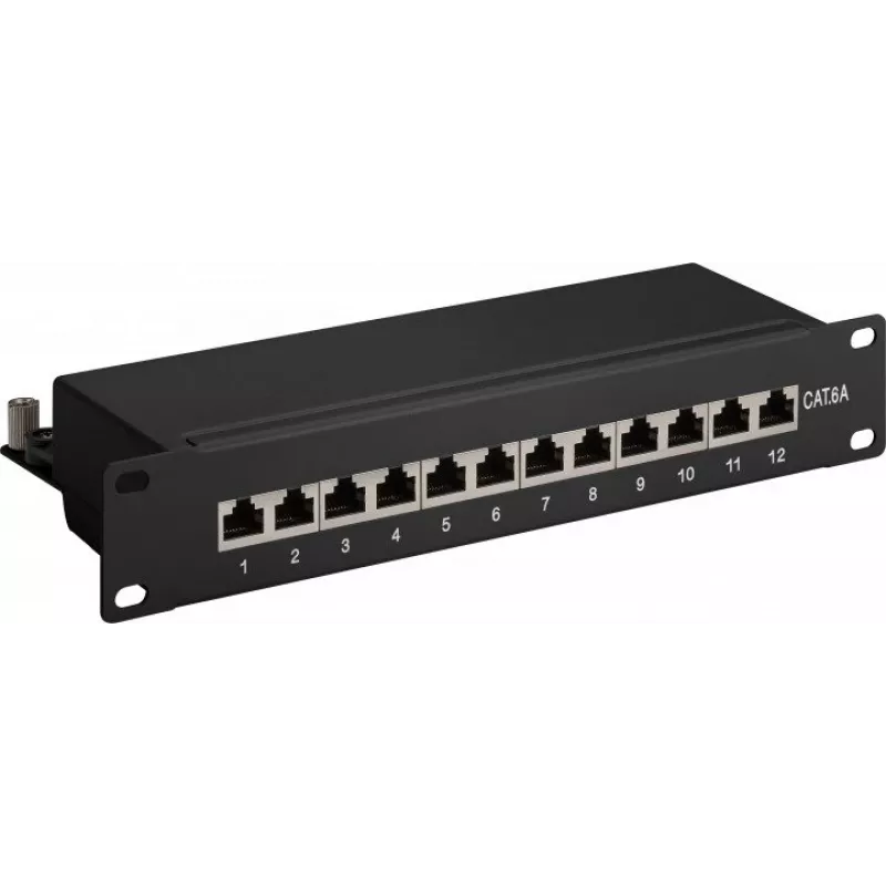 Wentronic Goobay 93796 Cat6a ekranēts 12 portu patch panelis, 1U 19 collu statīva montāžai, melns