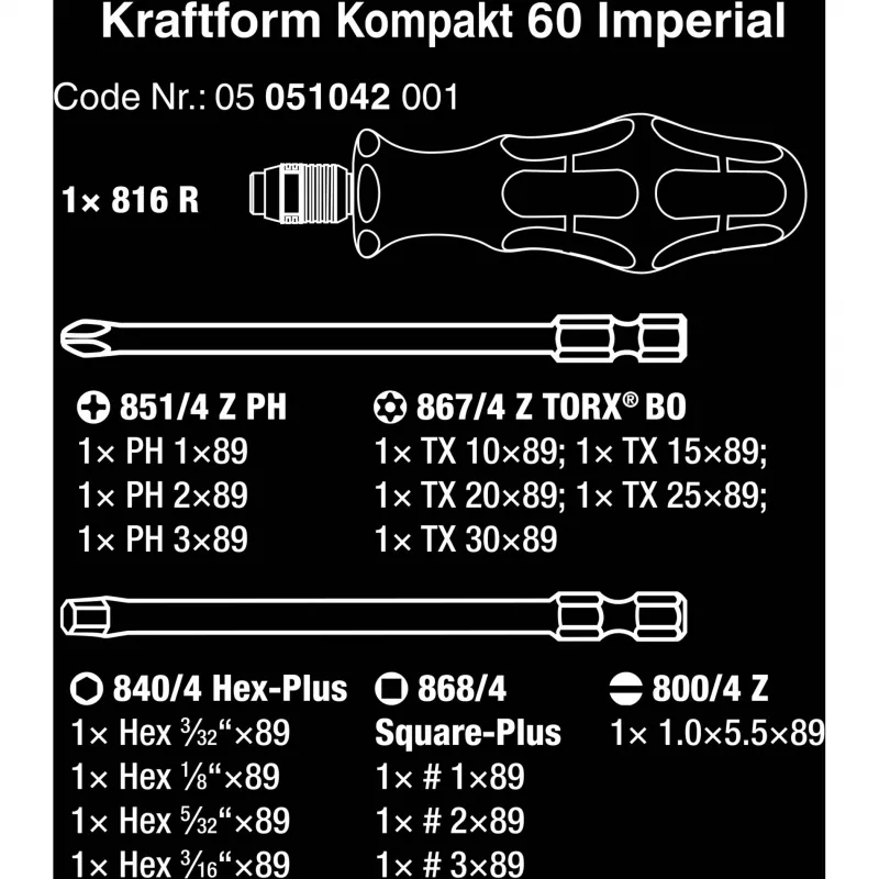 Wera 17 gabalu Kraftform Kompakt 60 uzgaļu komplekts, spraugveida, Phillips, Pozidriv, TORX BO 05051042001