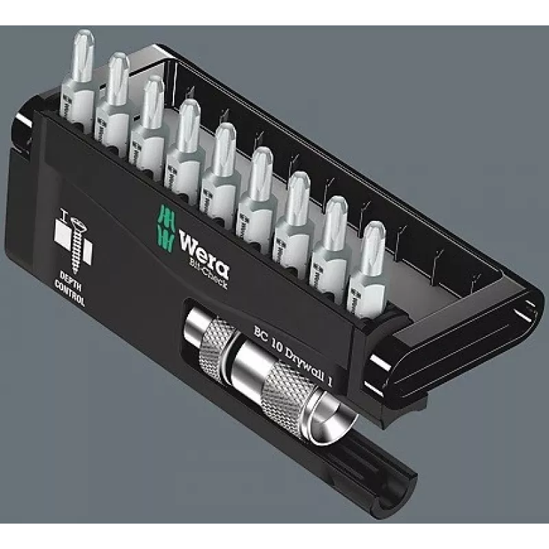 Wera uzgaļu komplekts Bit-Check 10 Drywall 1, 10 daļas, Phillips PH 2, 25 mm, Rapidaptor ātrās atbrīvošanas turētājs, dziļuma ierobežotājs, torsijas uzgaļi