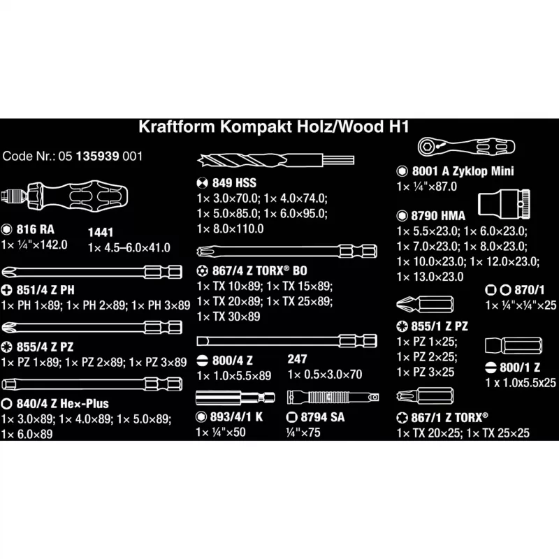 Wera Kraftform Kompakt H 1 Woodcraft skrūvgrieža rokturis ar 12 jauktiem uzgaļiem - Hex, Phillips, Pozidriv, Torx