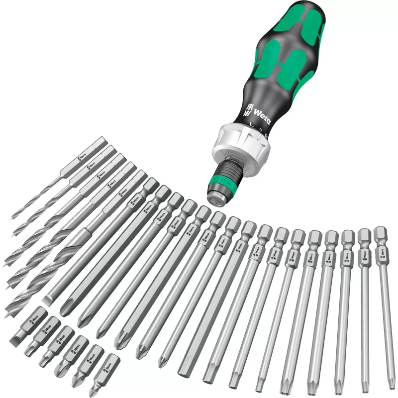Wera Kraftform Kompakt H 1 Woodcraft skrūvgrieža rokturis ar 12 jauktiem uzgaļiem - Hex, Phillips, Pozidriv, Torx