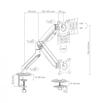 White Shark AKHENATEN I GMS-3209 Gāzes atsperes monitora roka – vienam monitoram 17-32 collas, 9 kg ietilpība, VESA 75/100, stiprinājums pie galda ar skavu/caurumu, melna