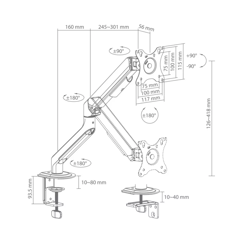 White Shark AKHENATEN I GMS-3209 Gāzes atsperes monitora roka – vienam monitoram 17-32 collas, 9 kg ietilpība, VESA 75/100, stiprinājums pie galda ar skavu/caurumu, melna