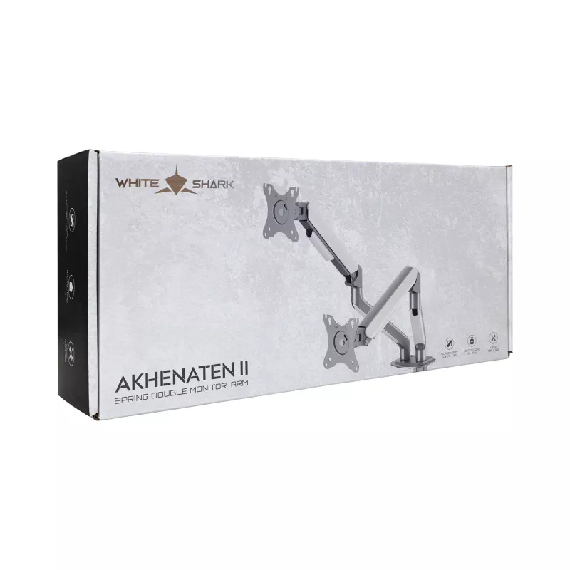 White Shark AKHENATEN-II GMS-3212 dubultā monitora stiprinājums – gāzes atspere, skavas/cauruma stiprinājums, 17-32 collas, 9kg uz roku, melns